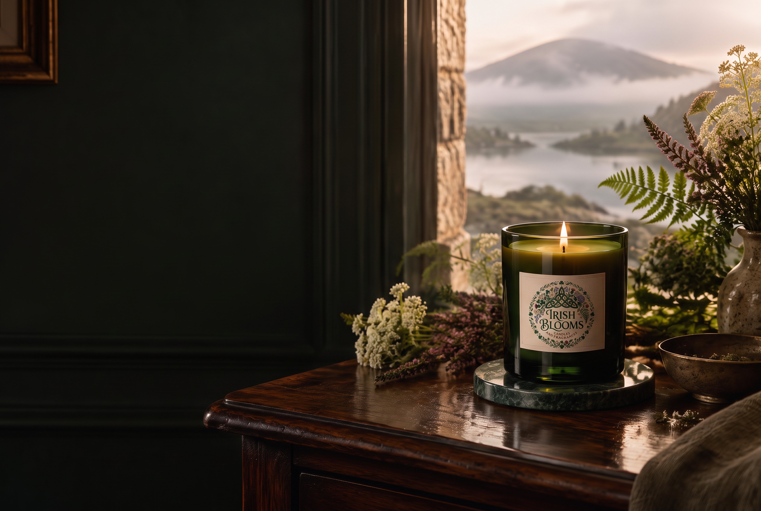 A lit Irish Blooms candle in a serene landscape